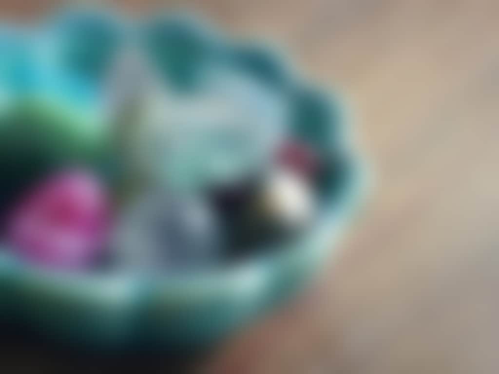 Crystals in jade green bowl
